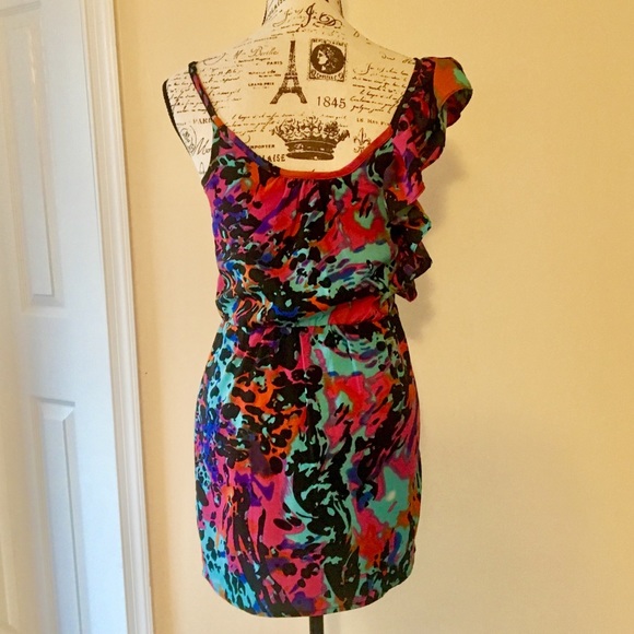 NWOT Bright Color Floral One Shoulder Ruffle Dress - Picture 5 of 6